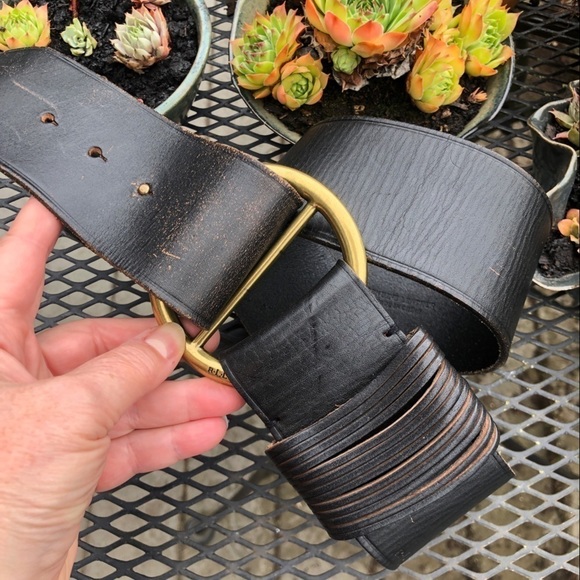 Vintage Ralph Lauren Leather Black Belt with round brass buckle/ peg Distressed main image 8
